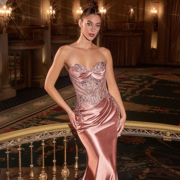 New Sophisticated Satin Gown w/ Sweetheart Neck & Beads Embellished CD KV1132 - Picture 1 of 9